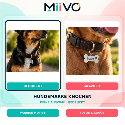 Hundemarke Knochen bedruckt: individuelles MIIVO USP-Vergleichsbild