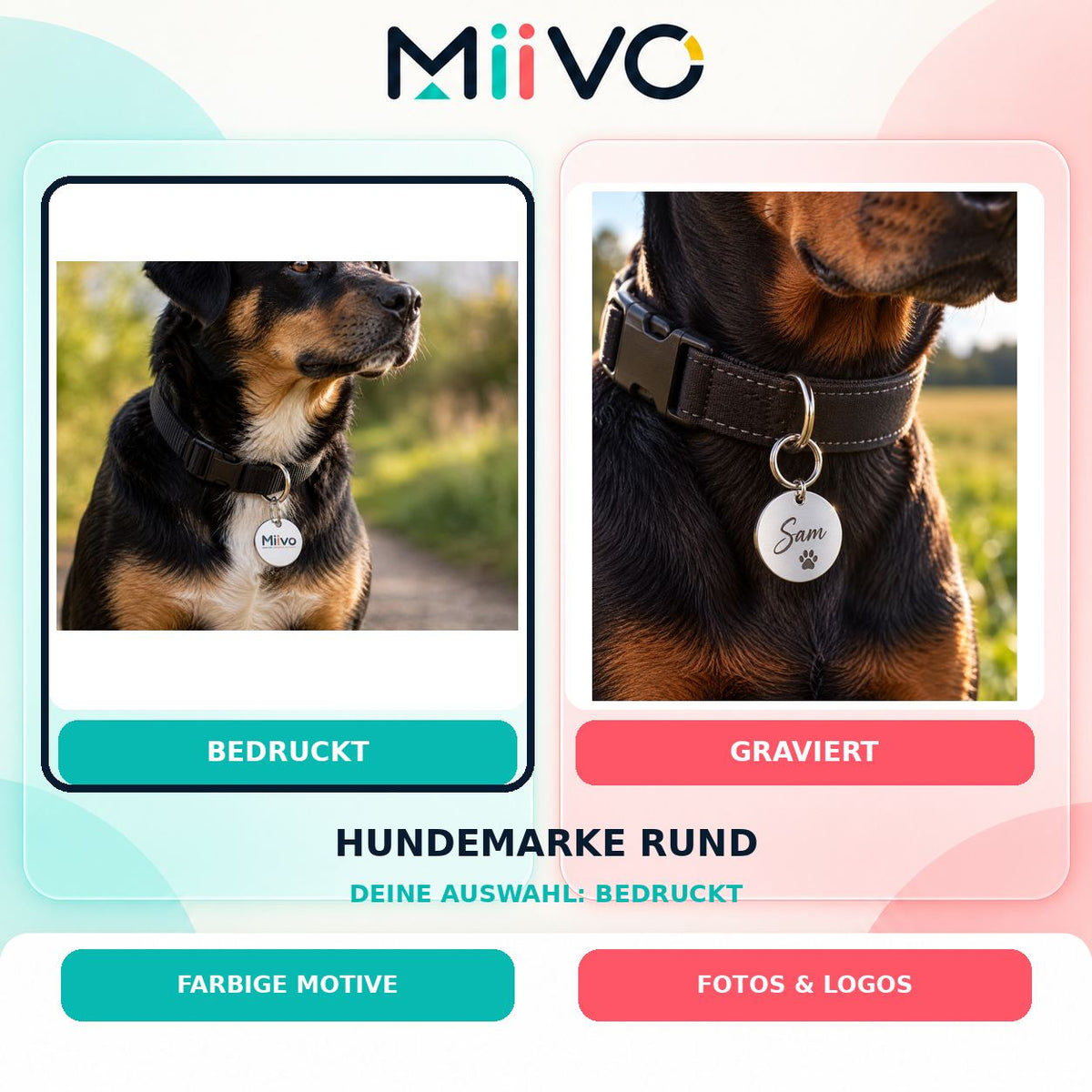 Hundemarke rund bedruckt: individuelles MIIVO USP-Vergleichsbild