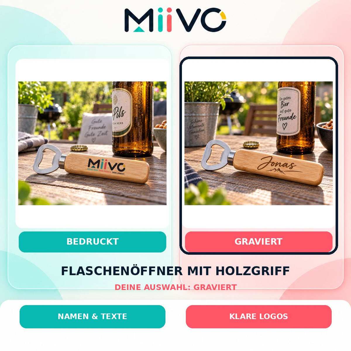 Flaschenöffner mit Holzgriff graviert: individuelles MIIVO USP-Vergleichsbild